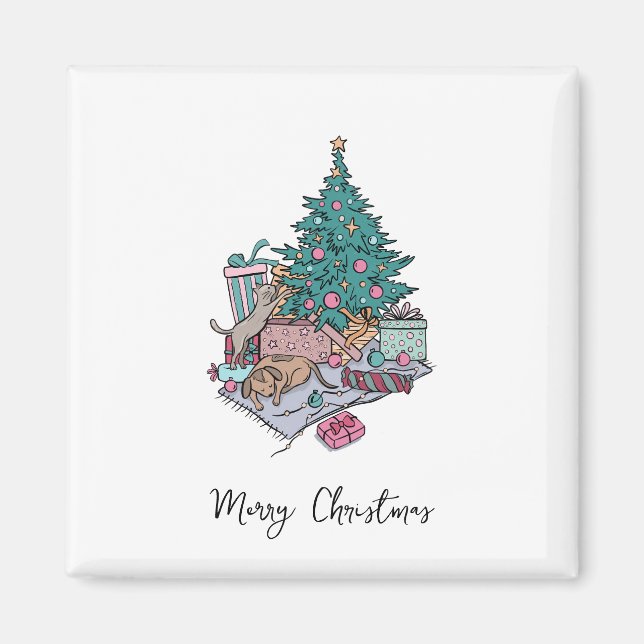 Katze und Welpen Weihnachtsbaum Einfach Minimalist Magnet (Vorne)