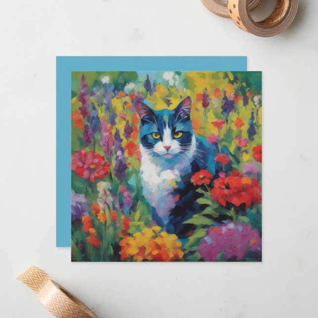Katze unter Blume Mitteilungskarte (Vorderseite/Rückseite Beispiel)