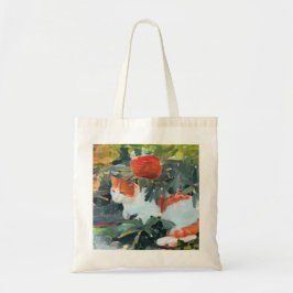 Katze unter einem blühenden Busch Tragetasche