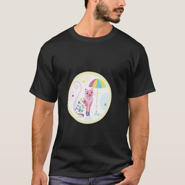 Katze unter Regenschirm T-Shirt (Vorderseite)