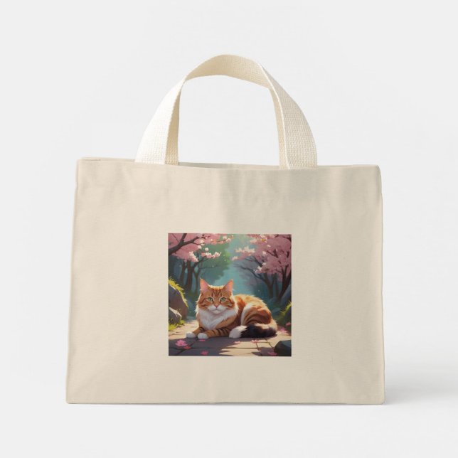 Katze unter Sakura-Baumkronen Mini Stoffbeutel (Rückseite)
