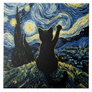 Katze Vangogh Sternennacht Fliese
