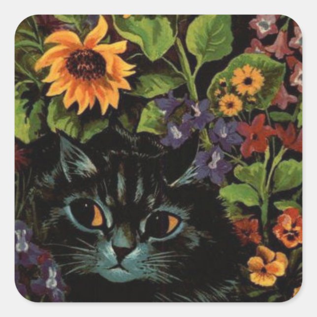 Katze Verstecken in Blume von Louis-Wain-Aufkleber Quadratischer Aufkleber (Vorderseite)