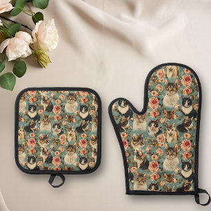 Katze Vintage Blumen Blüten Ofenhandschuh & Topflappen-Set