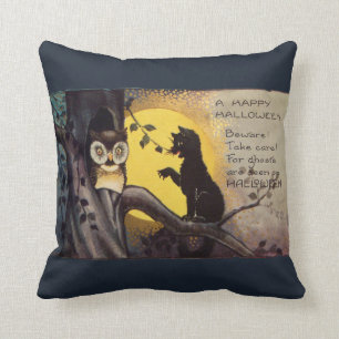 Katze warnt Eule Vintage Halloween Kissen