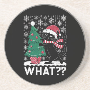 Katze Was lustige schwarze Katze Pushing Weihnacht Getränkeuntersetzer