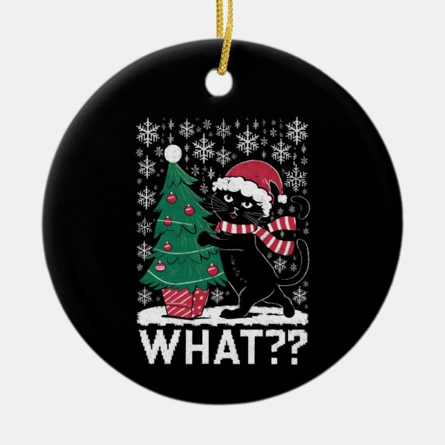 Katze Was lustige schwarze Katze Pushing Weihnacht Keramik Ornament (Vorne)