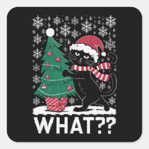 Katze Was Lustige Schwarze Katze Schiebt Weihnacht Quadratischer Aufkleber