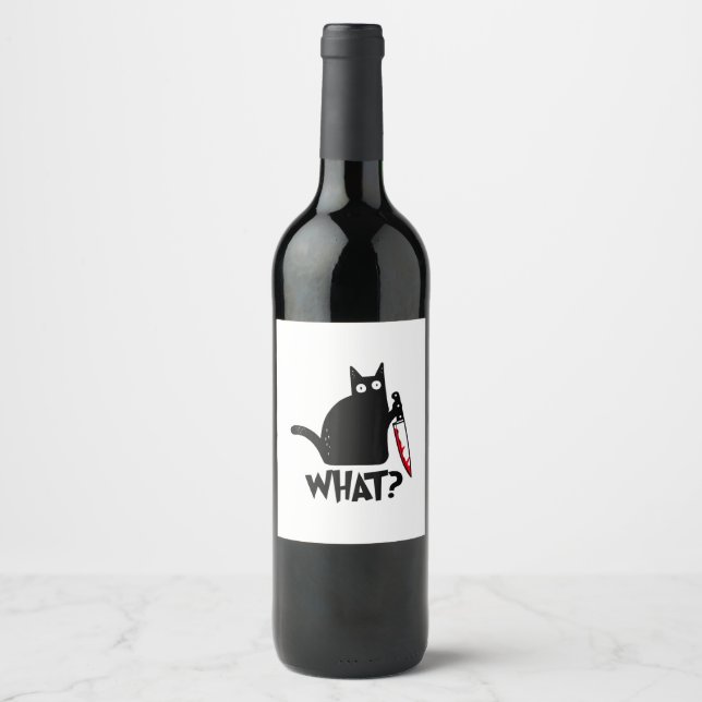 Katze Was_ Lustige Schwarze Katze  Weinetikett (Vorderseite)
