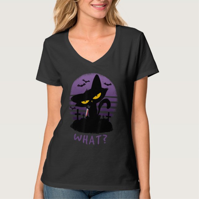 Katze Was   Mörderische Katze Mit Messer T-Shirt (Vorderseite)