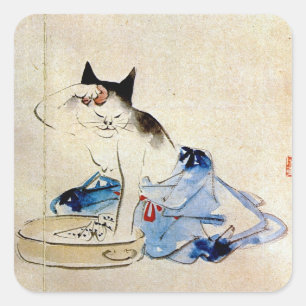 Katze waschen ihren Körper, Utagawa Hiroshige Quadratischer Aufkleber