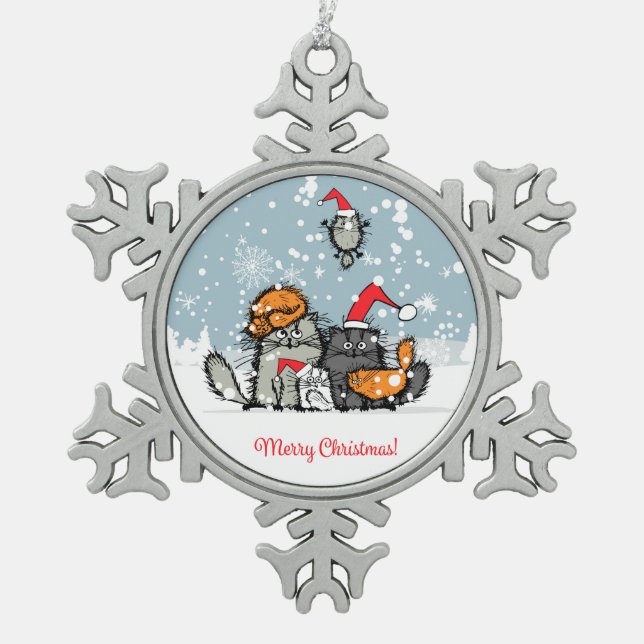 Katze Weihnachten, Schnee, Cartoon, lustig Schneeflocken Zinn-Ornament (Vorderseite)