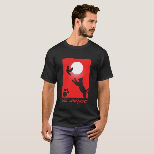 Katze Whisperer Retro Rot mit Vogel T-Shirt (Vorne ganz)