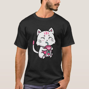 Katze White Kitten Drinken Erdbeere Milch Anime Ma T-Shirt