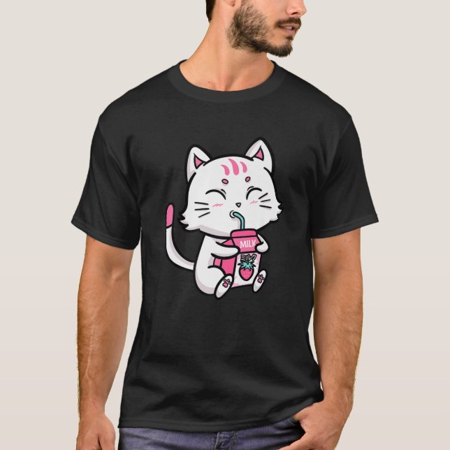 Katze White Kitten Drinken Erdbeere Milch Anime Ma T-Shirt (Vorderseite)