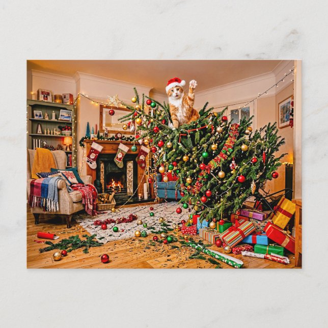 Katze winkt vom Weihnachtsbaum Postkarte (Vorderseite)