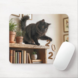 Katze wirft das Jahr 2026 vom Bücherregal Mousepad