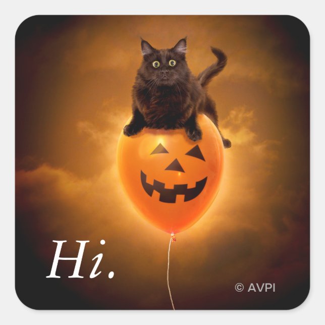 Katze zu Halloween Balloon Quadratischer Aufkleber (Vorderseite)