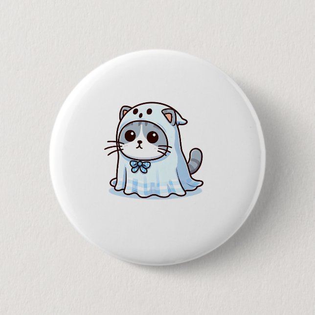 Katze zu Halloween in Ghost-Kostüm Button (Vorderseite)