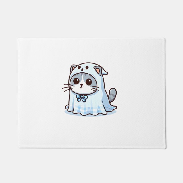 Katze zu Halloween in Ghost-Kostüm Fußmatte (Vorderseite)