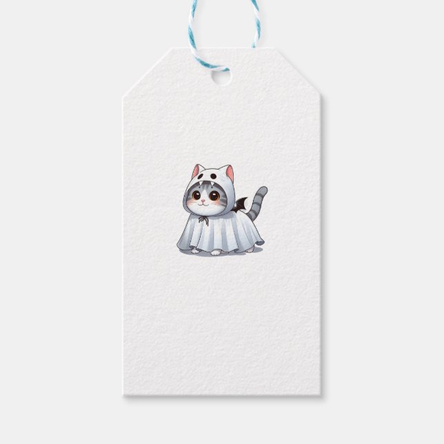Katze zu Halloween in Ghost-Kostüm Geschenkanhänger (Vorderseite)