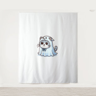 Katze zu Halloween in Ghost-Kostüm Wandteppich
