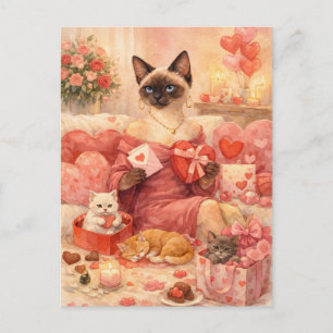 Katze zum Valentinstag mit roter Rose Feiertagspostkarte