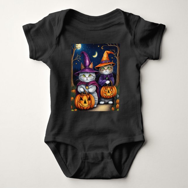 Katzen als Hexen Niedliches Halloween Baby Strampler (Vorderseite)