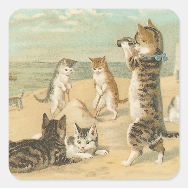 "Katzen am Strand" Vintag Quadratischer Aufkleber (Vorderseite)