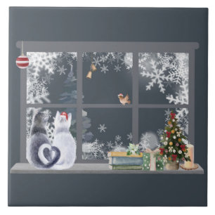 Katzen am Weihnachtsfenster Fliese