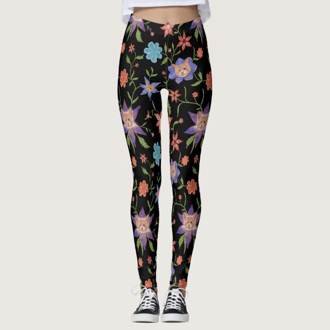 Katzen auf bunten Blumen Leggings (Vorderseite)