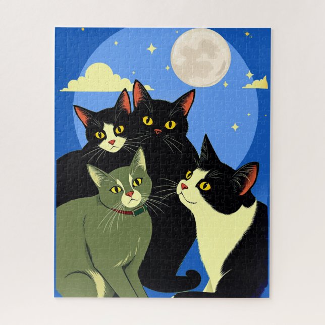 Katzen auf dem Kessel unter Vollmond Puzzle (Vertikal)