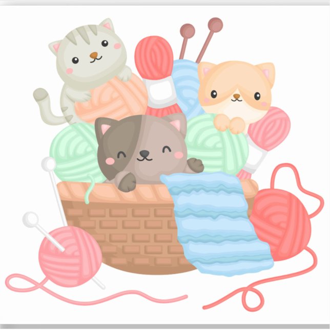 Katzen auf dem Korbaufkleber Aufkleber (A digital illustration depicts three cartoon cats nestled amongst balls of yarn and knitting needles)