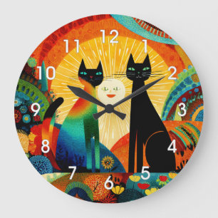 Katzen auf hellem und farbenfrohem Hintergrund, Große Wanduhr