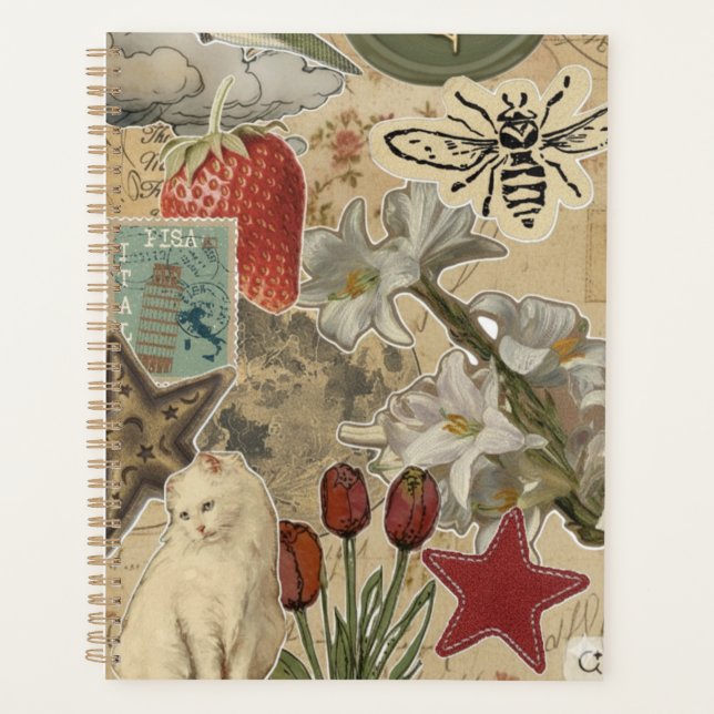 Katzen-Blumen-Collage-Muster – Hübsches künstleris Planer (Vorderseite)