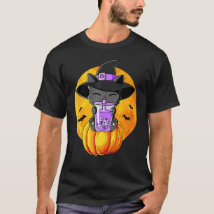 Katzen-Bubble-Tea und Hexenhut-Kürbis-Halloween-Ko T-Shirt