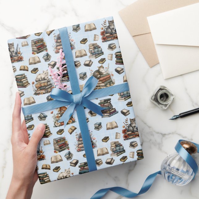 Katzen & Bücher auf Hellblau Geschenkpapier (Schenken)