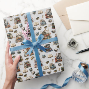 Katzen & Bücher auf Hellgrau Geschenkpapier