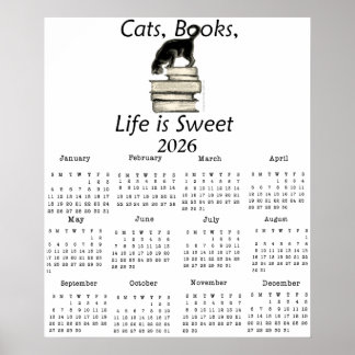 Katzen, Bücher Das Leben ist süß 2026 Ein-Seiten-K Poster