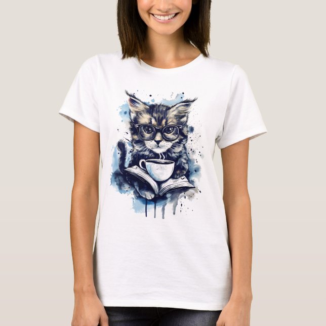 Katzen Bücher Kaffee Farbe Abstrakt T-Shirt (Vorderseite)