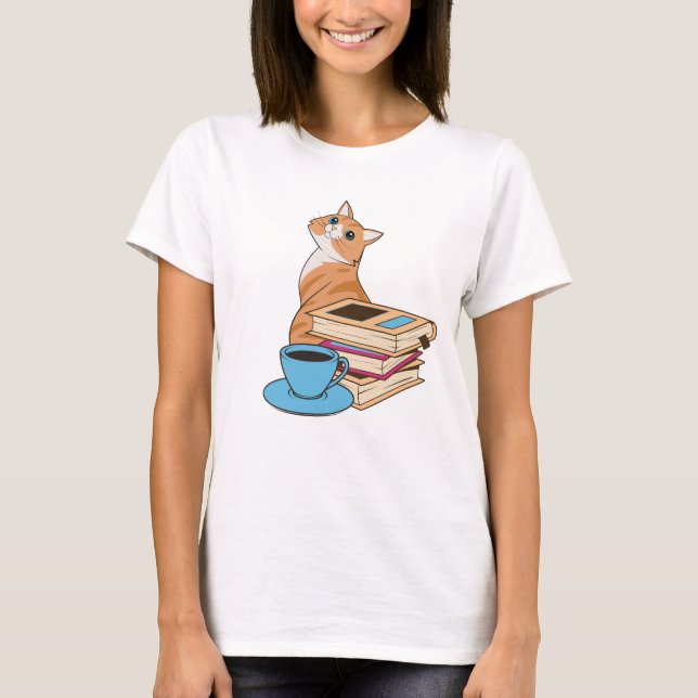 Katzen, Bücher und Kaffee Niedlich T-Shirt (Vorderseite)