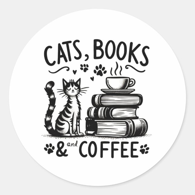 Katzen, Bücher und Kaffee Runder Aufkleber (Vorderseite)