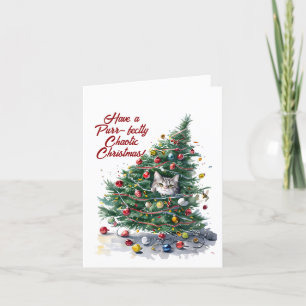 Katzen-Chaos-Weihnachtsbaum-Design Wasserfarbe Feiertagskarte