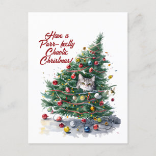 Katzen-Chaos-Weihnachtsbaum-Design Wasserfarbe Feiertagspostkarte