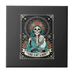 Katzen-Dame-Skelett-Tarot-Blumen-Gotisch Fliese