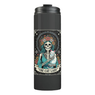 Katzen-Dame-Skelett-Tarot-Blumen-Gotisch Thermosbecher