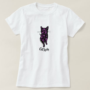 Katzen-Dame-Typografie mit rosa Sternen und schwar T-Shirt