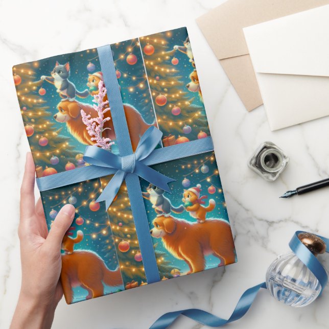 Katzen, die auf Hunde Stehend sind, um Weihnachtsb Geschenkpapier (Schenken)