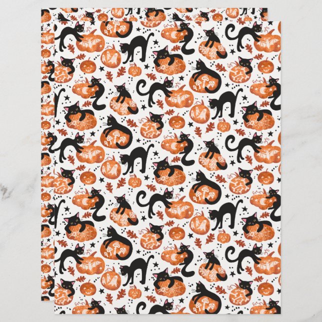 Katzen, die Halloween Pumpkins Scrapbook Paper tra (Vorne/Hinten)