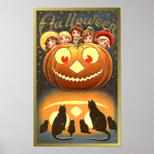 Katzen, die Kids und Kürbiskürbis zu Vintagem Hall Poster